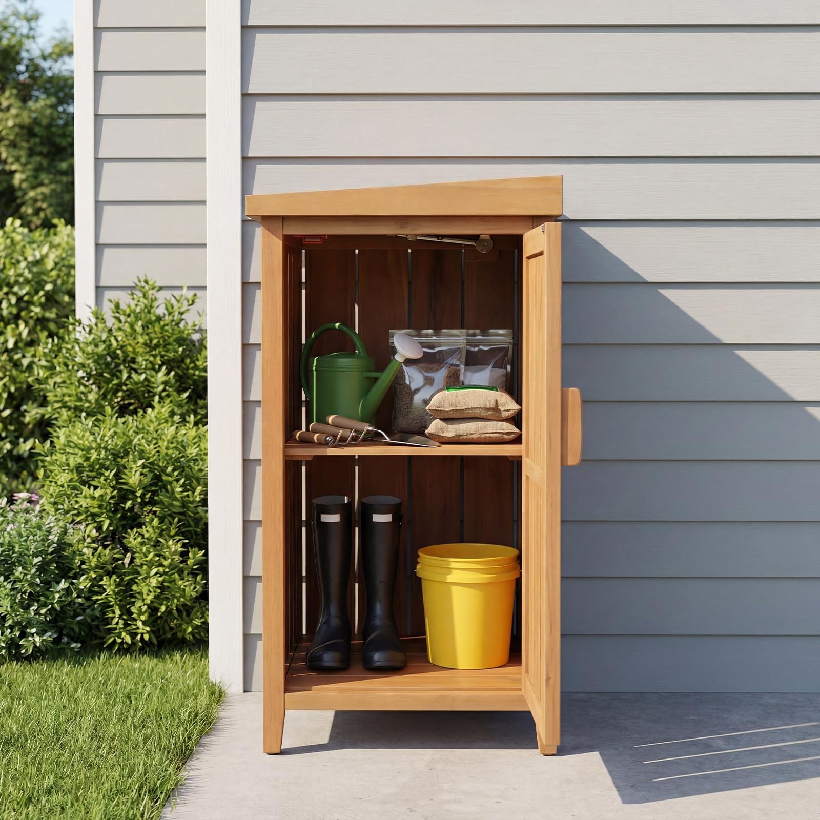 COSTWAY Coffre de Rangement Extérieur en Bois d'Acacia, Abri de Jardin pour Colis Outils de Jardinage, Couvercle Ouvrant Étagère Amovible, Cache Poubelle Boîte de Livraison, pour Porche Cour