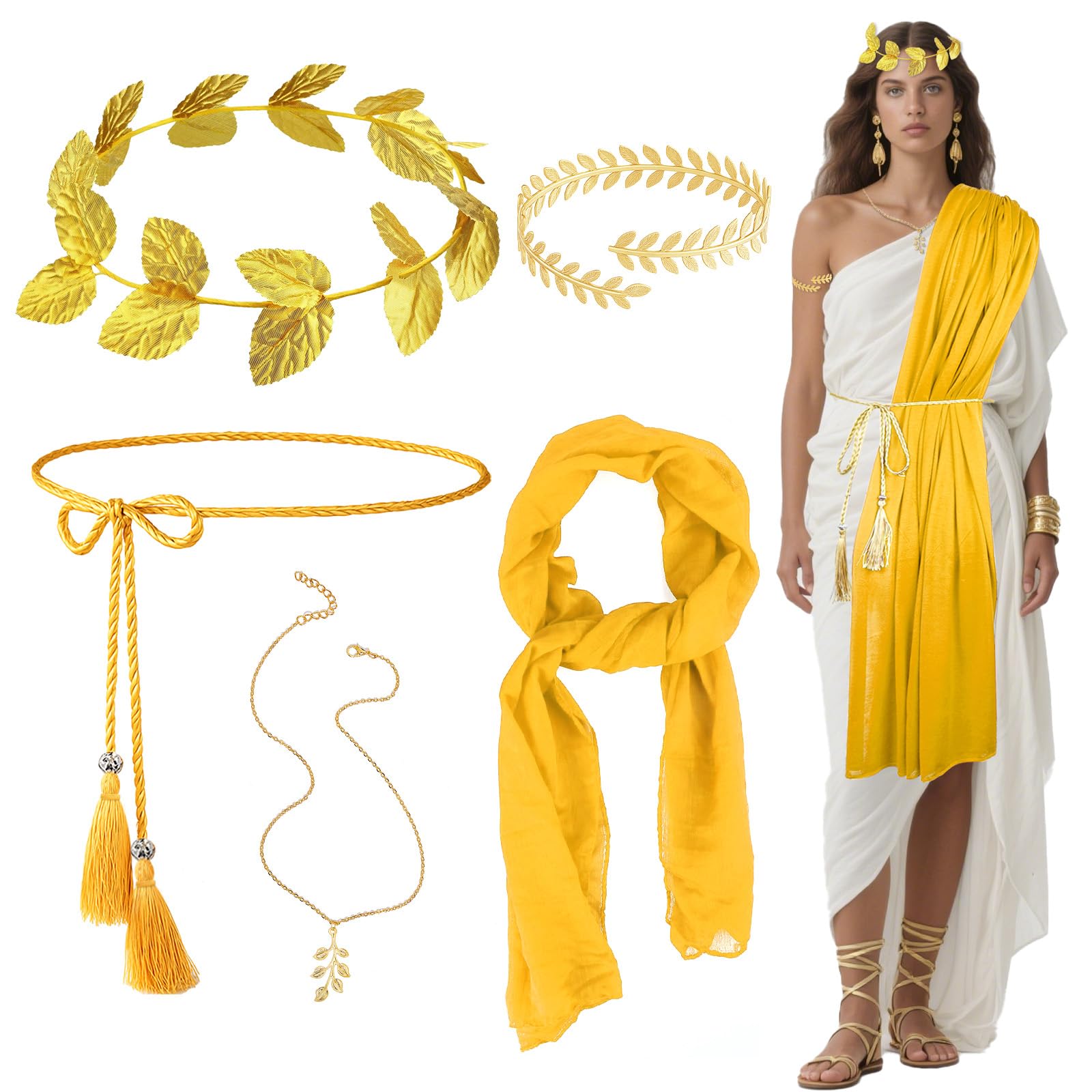 5 Pcs Greek Goddess Costume Accessories Set for Women Girls, Ancient Roman Toga Fancy Dress with Belt Red Sash Golden Leaf Headpiece Bracelet Necklace for Party Bridal Wedding Halloween (Yellow)