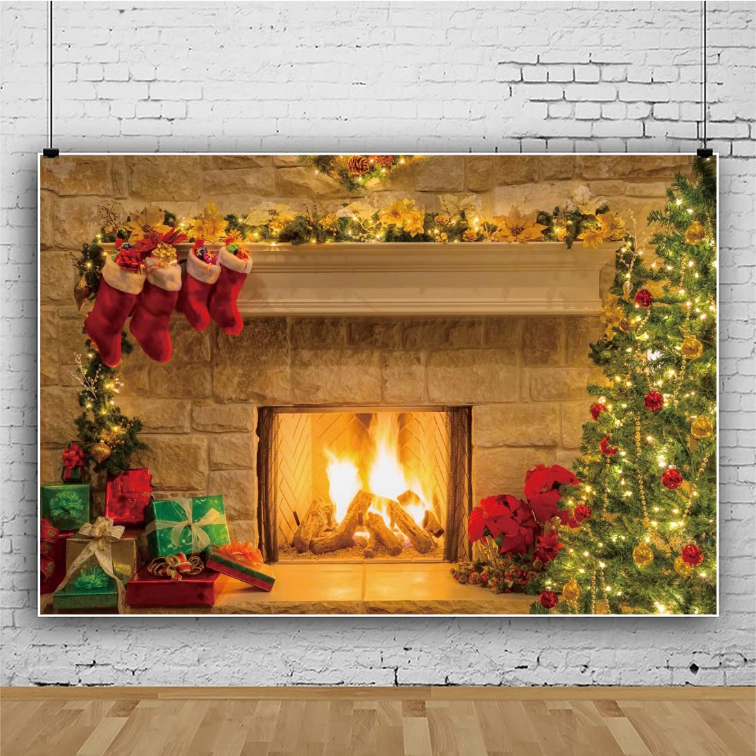 Toile De Fond Noël 2,4 X 1,8 M - Décor Photo Sapin, Cheminée, Chaussettes (vinyle/coton)