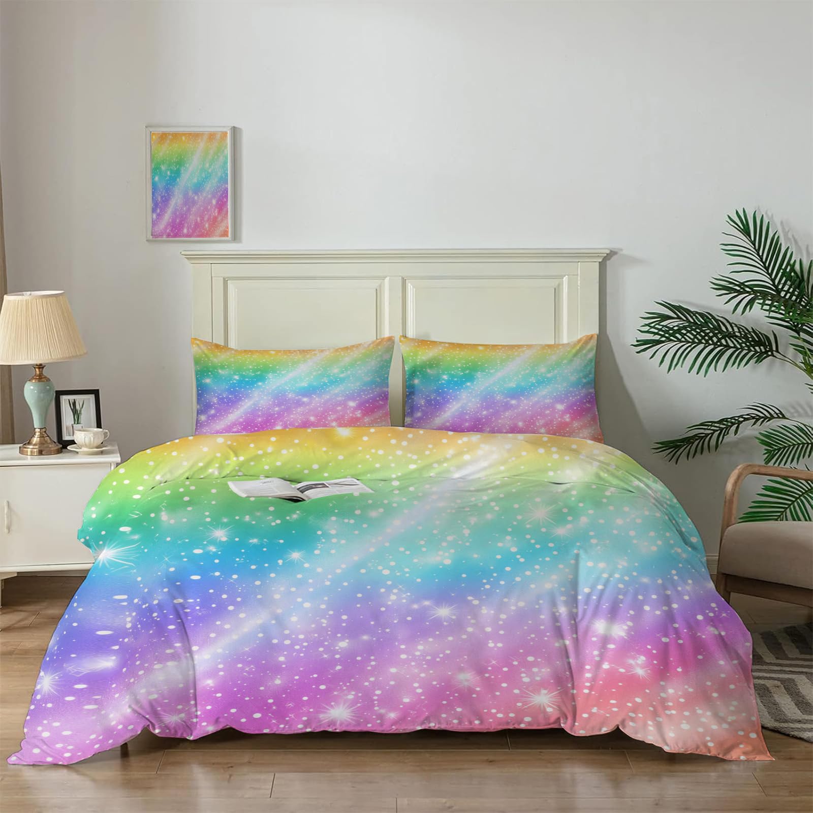 Parure de lit arc-en-ciel haut de gamme, housse de couette imprimée aux finitions scintillantes