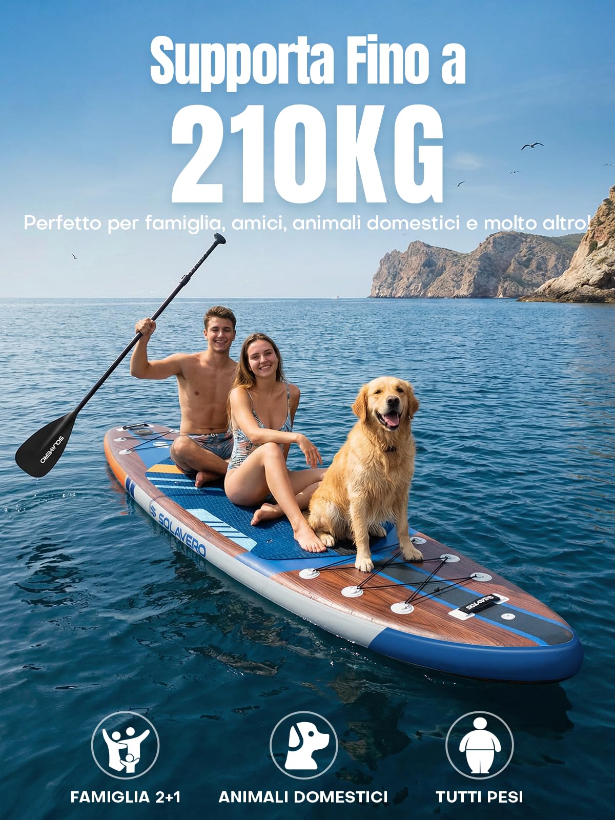 SOLAVERO Tavola SUP Gonfiabile Adulti 210kg Offerta, 350 x 89 x 15 cm Stand Up Paddle Board 2 Persone con Pompa, Sedile, Pagaia Regolabile, Leash, Custodia Impermeabile e Zaino