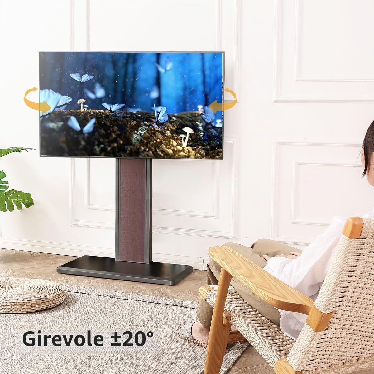 FITUEYES Supporto per TV con ripiano in legno, adatto per televisori di grandi dimensioni, regolabile in altezza, orientabile per 32-65 pollici fino a 40 kg max. VESA 400 x 400