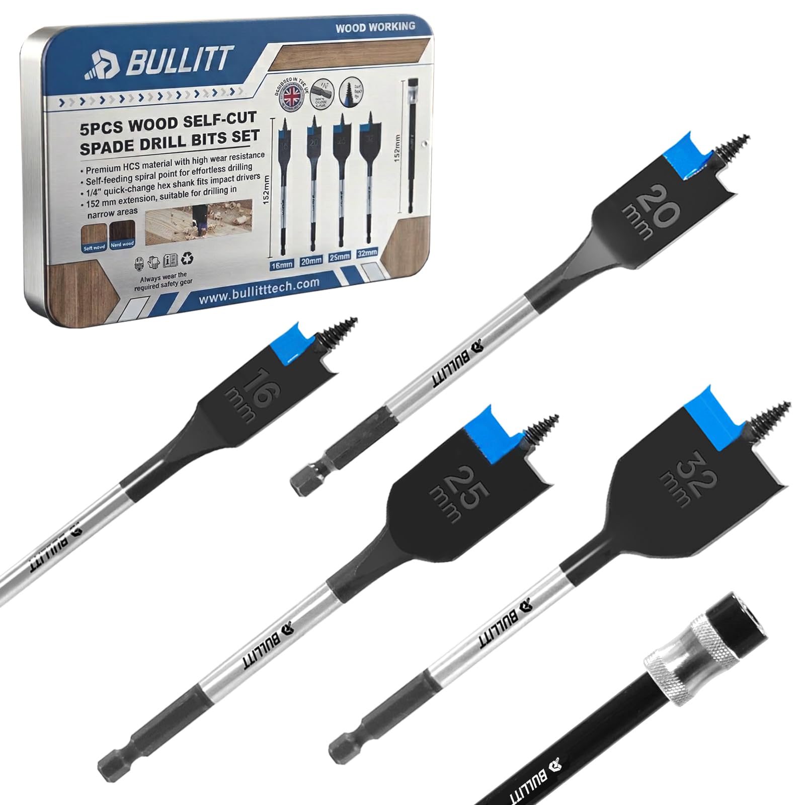 BULLITT 5pcs Spade Drill Bit Set,Ø16-32mm Flat Wood Drill Bit with Self-feeding Threaded Tip+one 152mm Extension,1/4" Quick Change Hex Shank,65# High Carbon Steel Bits for Woodworking