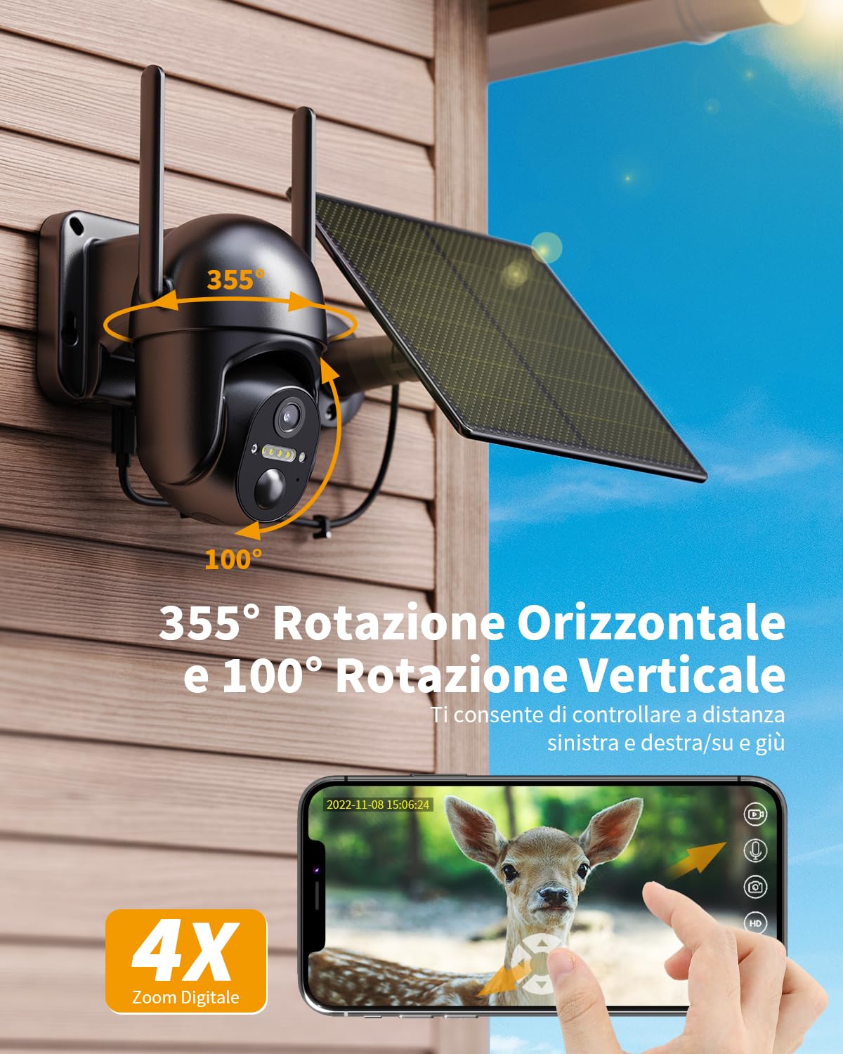 4G Telecamera Esterno con SIM, 2K HD 360° PTZ Telecamere Senza Fili con Pannello Solare Batterie, Visione Notturna Colori, Rilevamento Movimento, Audio Bidirezionale, IP66