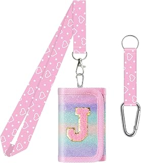DEEKI Sparkly Tri-fold Wallets for Girls Canvas Wallets with Lanyard&Initials Cute Alphabet Letter Coin Pocket for Teen Birthday Gifts Pink-J
