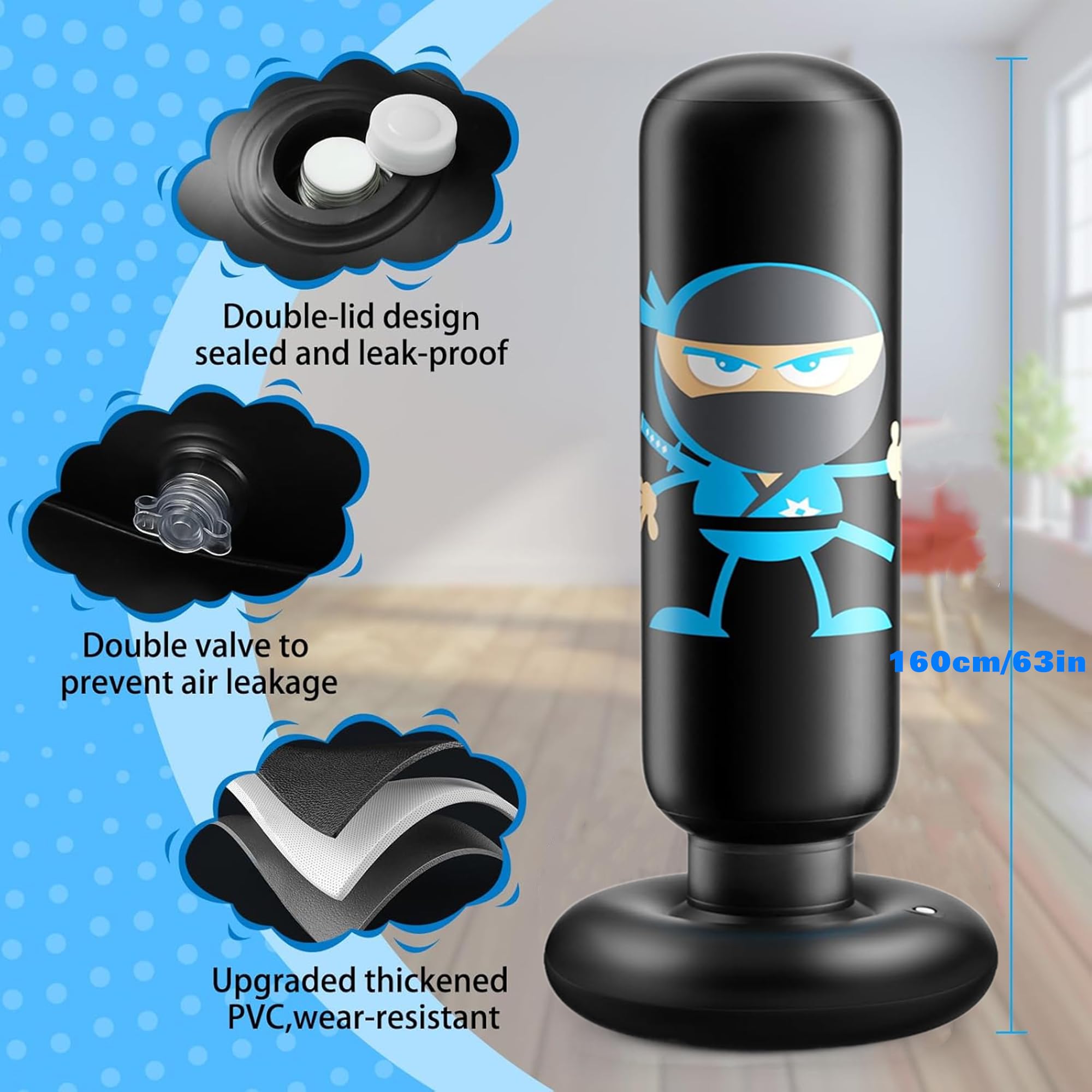 Saco de Boxeo Niños Ninja Diseño Hinchable Saco de Boxeo con Guantes de Boxeo 160cm Saco Boxeo con Soporte Rebote Instantáneo para Practicar Karate Taekwondo MMA Regalos Navidad Niños
