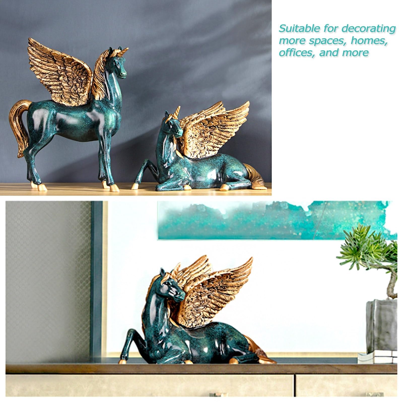 Pegasus Figurka konia, jednorożec, stojące figurki, greckie latające zwierzę, dekoracja domu, statuetka na biurko, artystyczna figurka, dekoracje do salonu, na imprezę, niebieska, wys. 19 cm