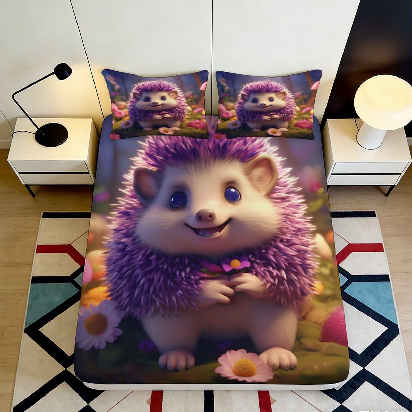 3D Printed Purple Hedgehog Fitted Sheet Microfiber Soft Anti-Slip Flower Meadow Mattress Cover for Bedroom Dorm Decor 90x200x25cm