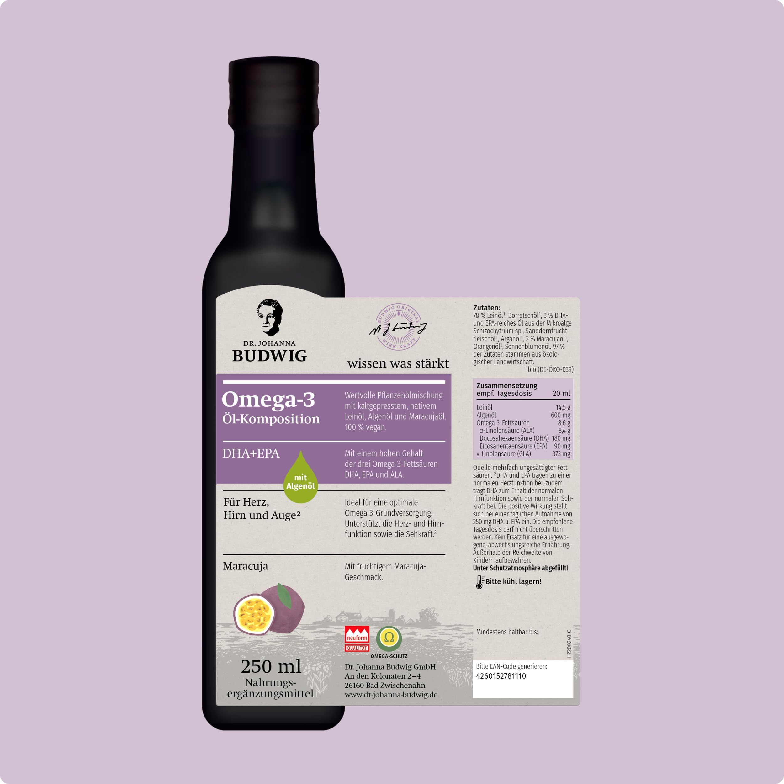 Dr. Budwig Omega-3 DHA+EPA Öl Maracuja (2x 250 ml) – pflanzliches Omega mit ALA – 97% Bio-Zutaten – 9,4 g Omega-3 pro Tagesportion – vegan