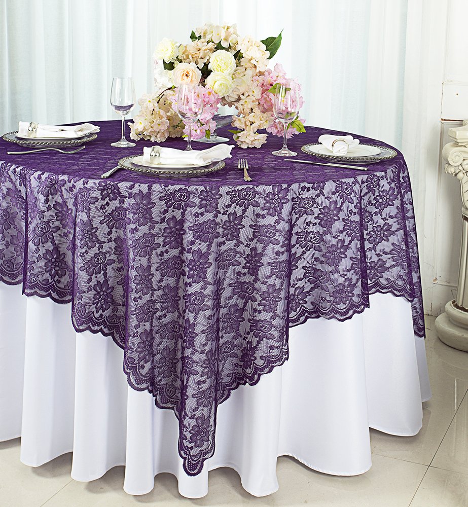 Wedding Linens Inc. 54 in Square Lace Table Overlays, Lace Tablecloths, Table Toppers for Wedding Decorations, Events Banquet Party Supplies (Eggplant