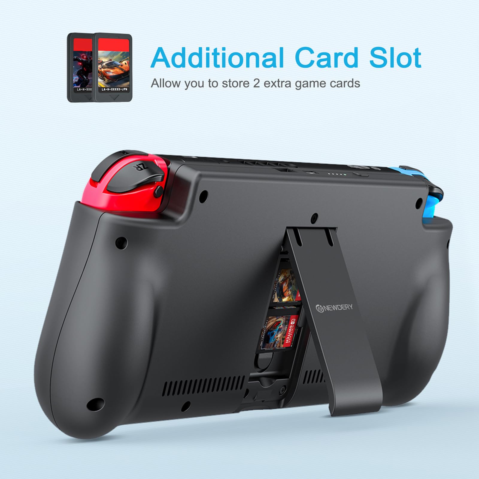NEWDERY Externe Akku Hülle 10000 mAh für Nintendo Switch mit PD-Schnellladen, Spielkartensteckplätzen und Ständer