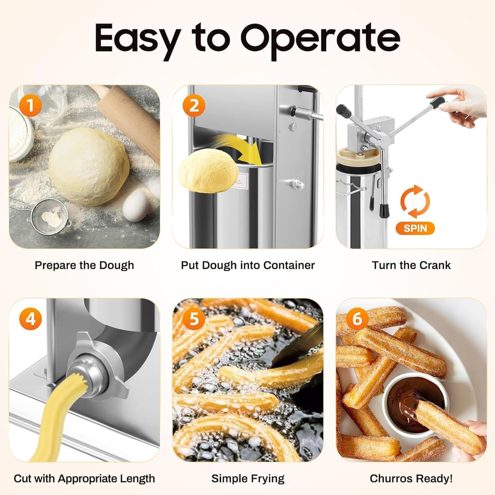 Churro Maker Manual, Churrera Española Vertical 2L/3L con 5 Boquillas Intercambiables, Prensa de Masa de Manivela para Churros, Donuts, Panadería, Uso Comercial en Restaurantes, Acero Inoxidable 2L