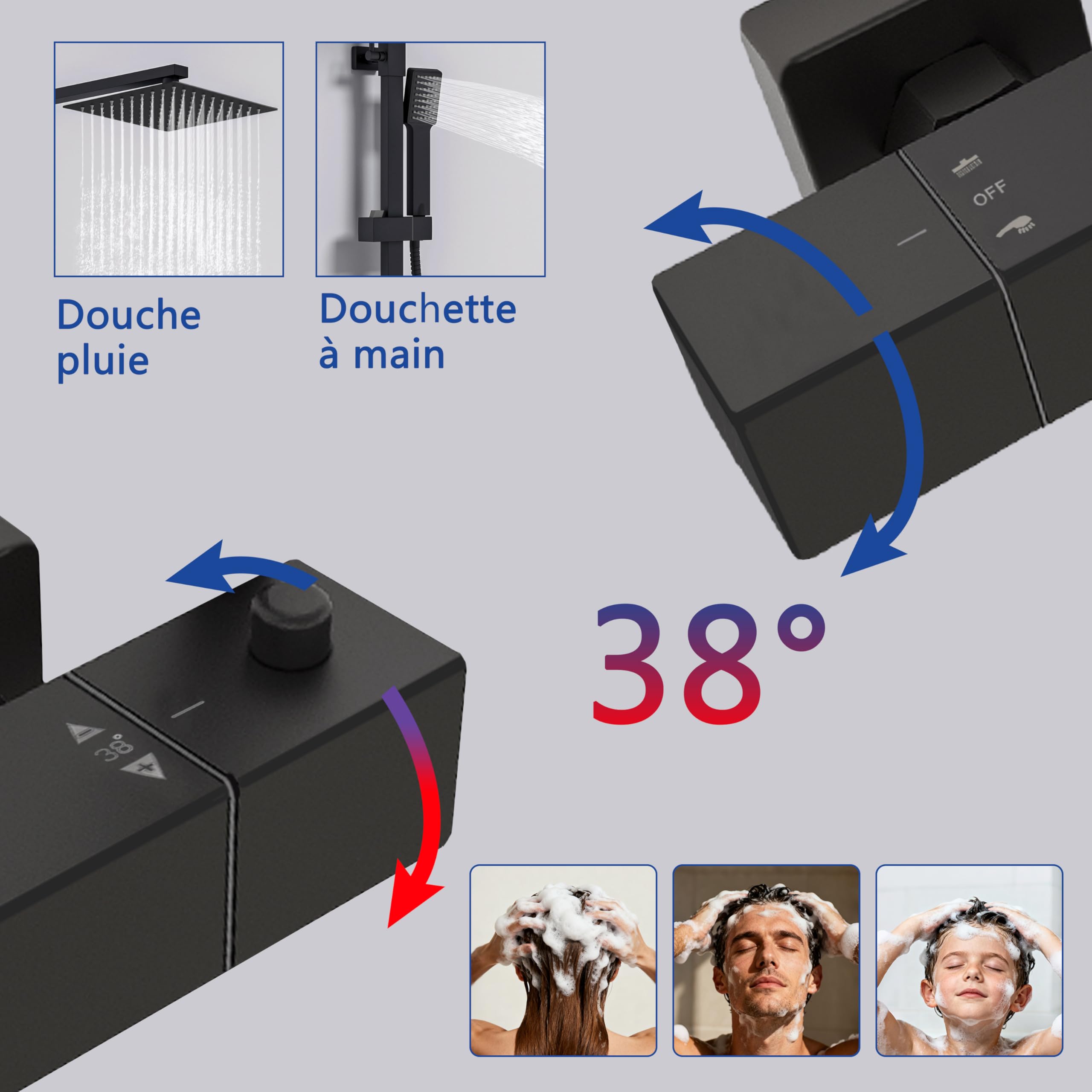Colonne de Douche Thermostatique,Système de douche thermostatique 38°C,Colonne de Douche Acier Inoxydable avec Mitigeur Salle de Bain,20x20CM Pommeau de Douche,Carré,Mitigeur Douche Noir