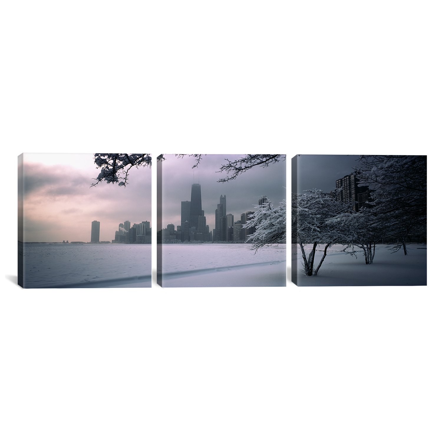 iCanvasART Snow Covered Tree on North Avenue Beach, Chicago by Panoramic Images 3-Piece Canvas Art Print, 36 by 12-Inch