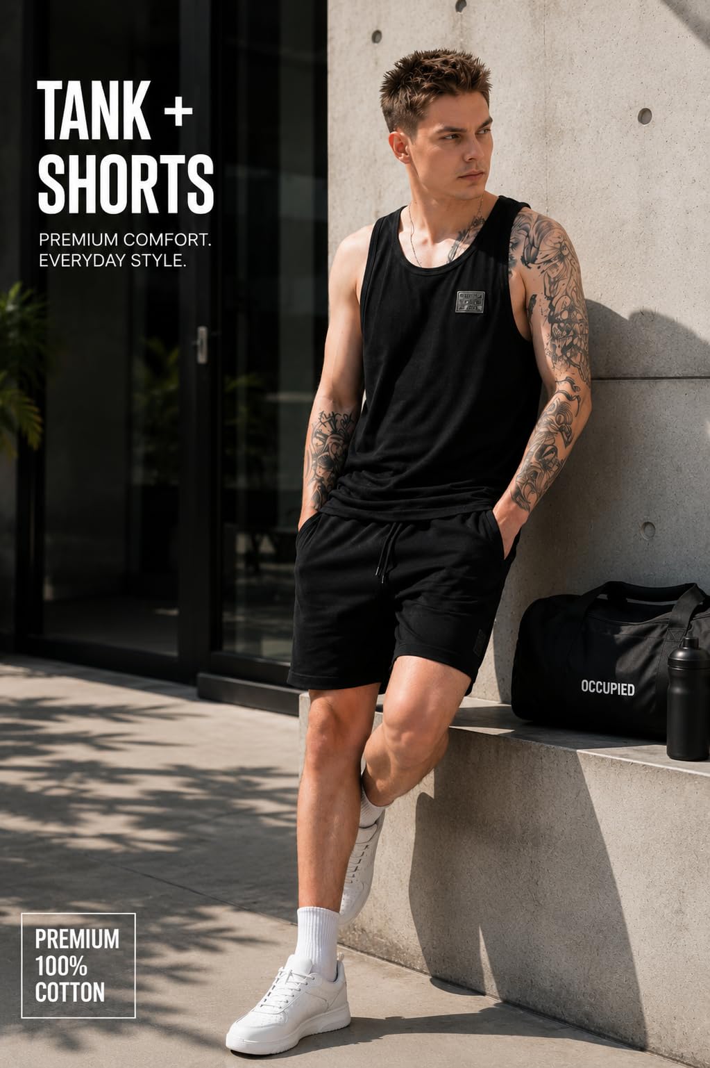 OCCUPIED CLOTHING CO. Men's Black Tank T-Shirt & Shorts Co Ord Set | Premium Cotton Fabric | Quick-Dry, Anti-Fading for Travel & Daily Casual Wear 1