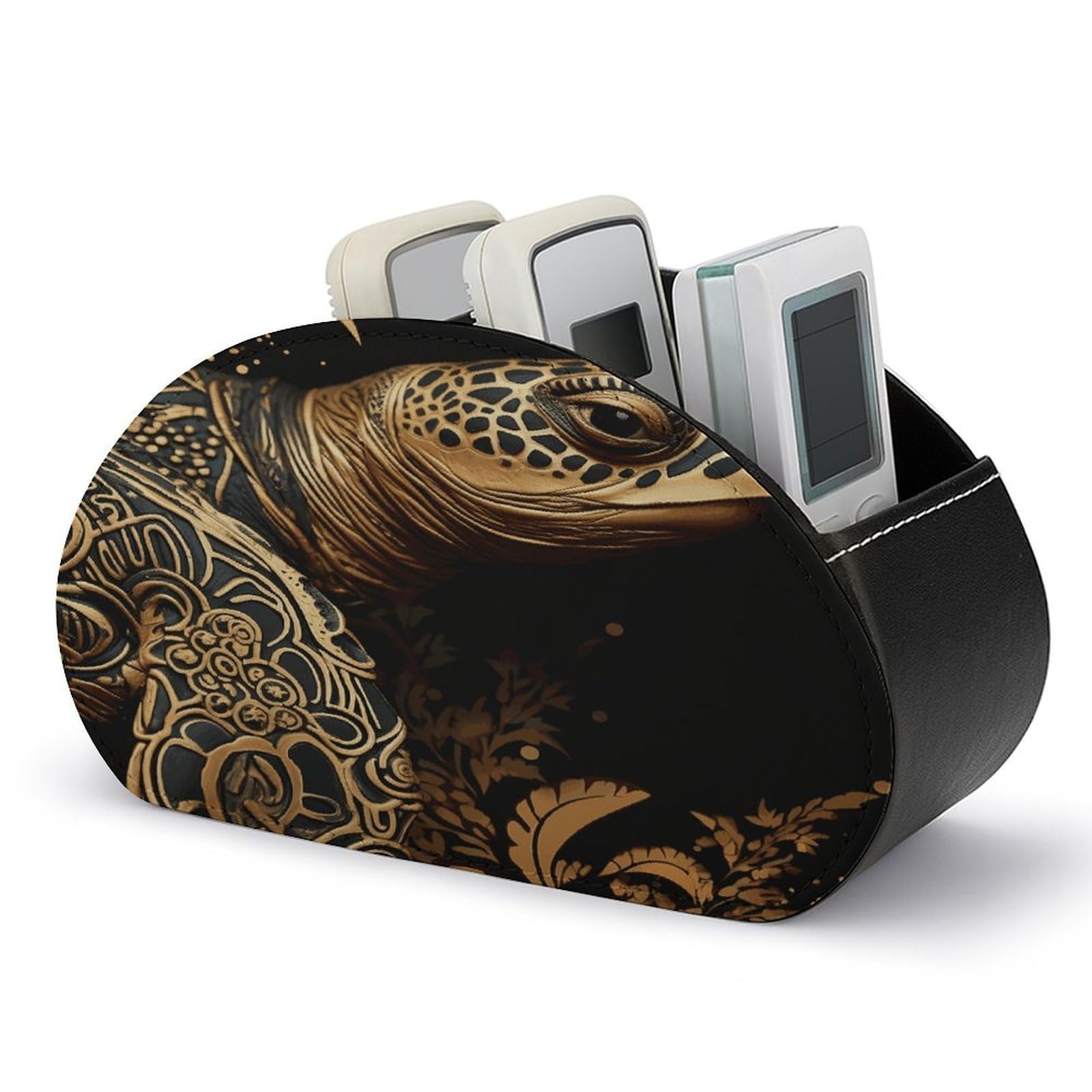 FekiLoot Black And Gold Sea Turtle Pattern Remote Control Holder with 5 Compartments Remote Organizer Caddy for Table TV Remote Caddy Storage Box/Tray Fits Media Controllers Office Supplies