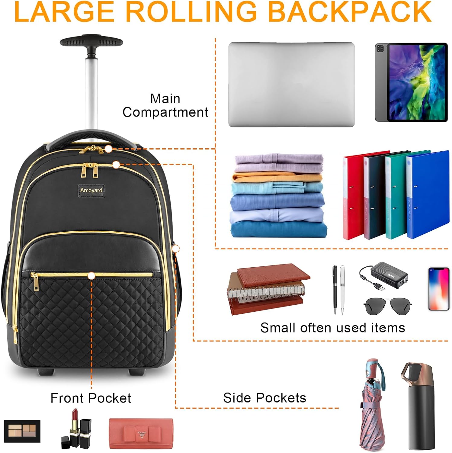 Rolling Backpack for Women, 17 inch Travel Laptop Wheeled Backpack with Anti Theft Zippers for Adults, Large Water Resistant Carryon Luggage Roller Bag Flight Approved for Work College, Black