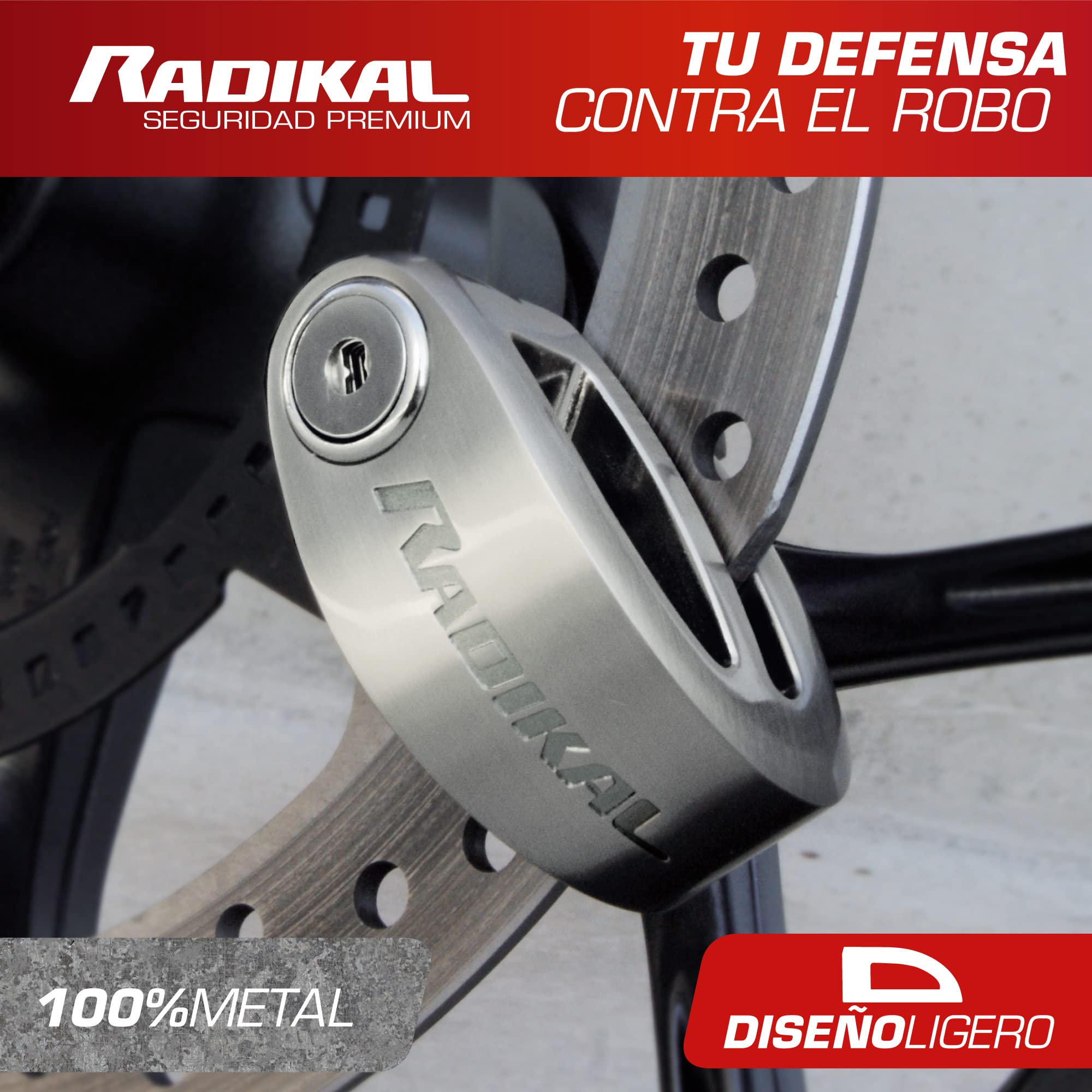 Radikal RK306S Candado Moto Disco, Diseño Más Ligero de Doble Puente, Fácil Bloqueo Click, Cerradura Anti-Ganzúa y Anti-Taladro, Antirrobo Bloqueo Pinza Freno Universal Bicicleta, Patinete Electrico