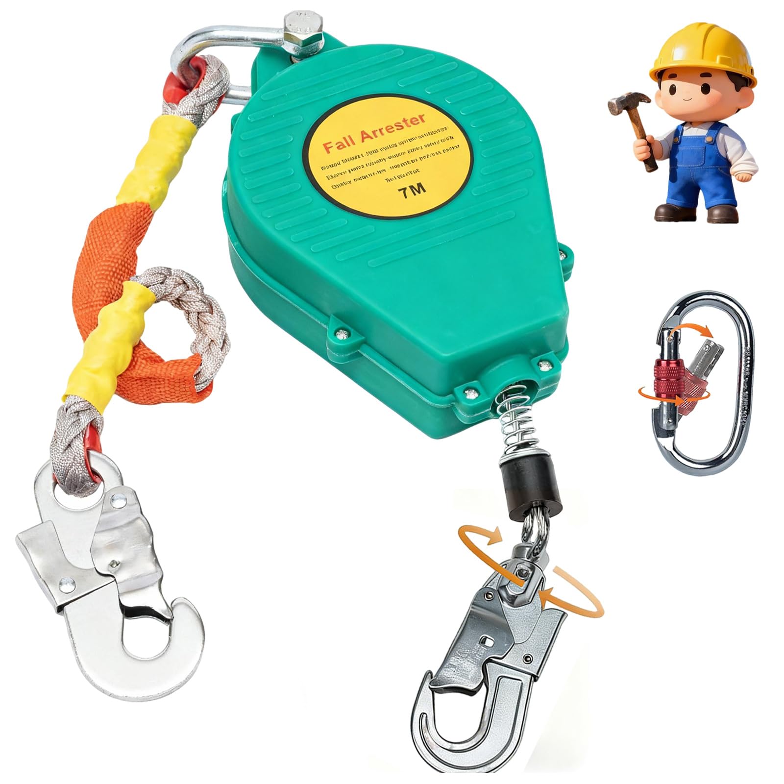 Dispositif Antichute a Rappel Automatique 10m/15m/20m, Harnais de Securite Anti Chute avec Crochet Rotatif à 360°, Antichute a Rappel Automatique pour Travaux sur Toit et Aériens(Vert,10m)