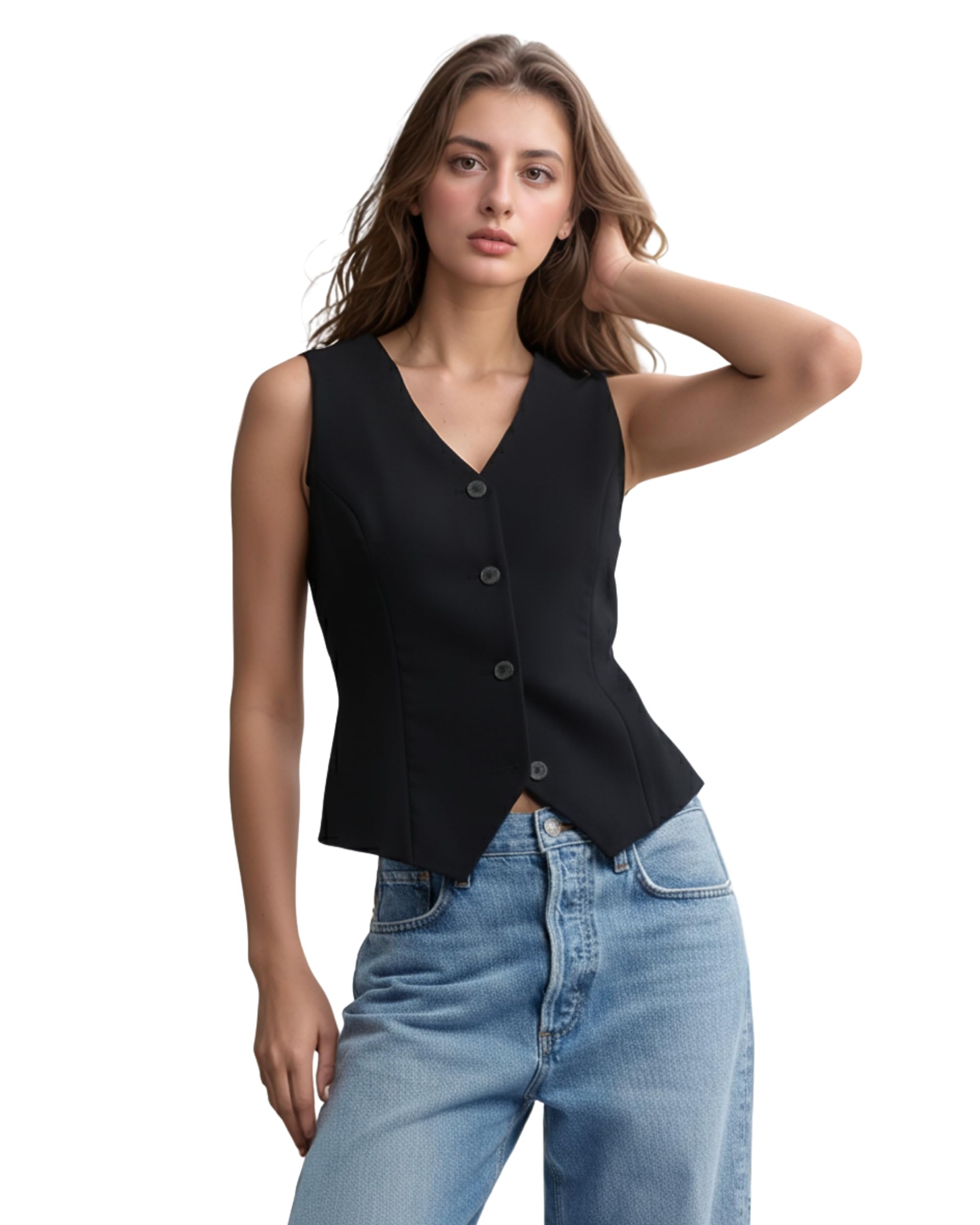 Stylish V-Neck Waistcoat for Women, Stretchable, Regular Fit Formal & Casual Sleeveless Jacket Top.
