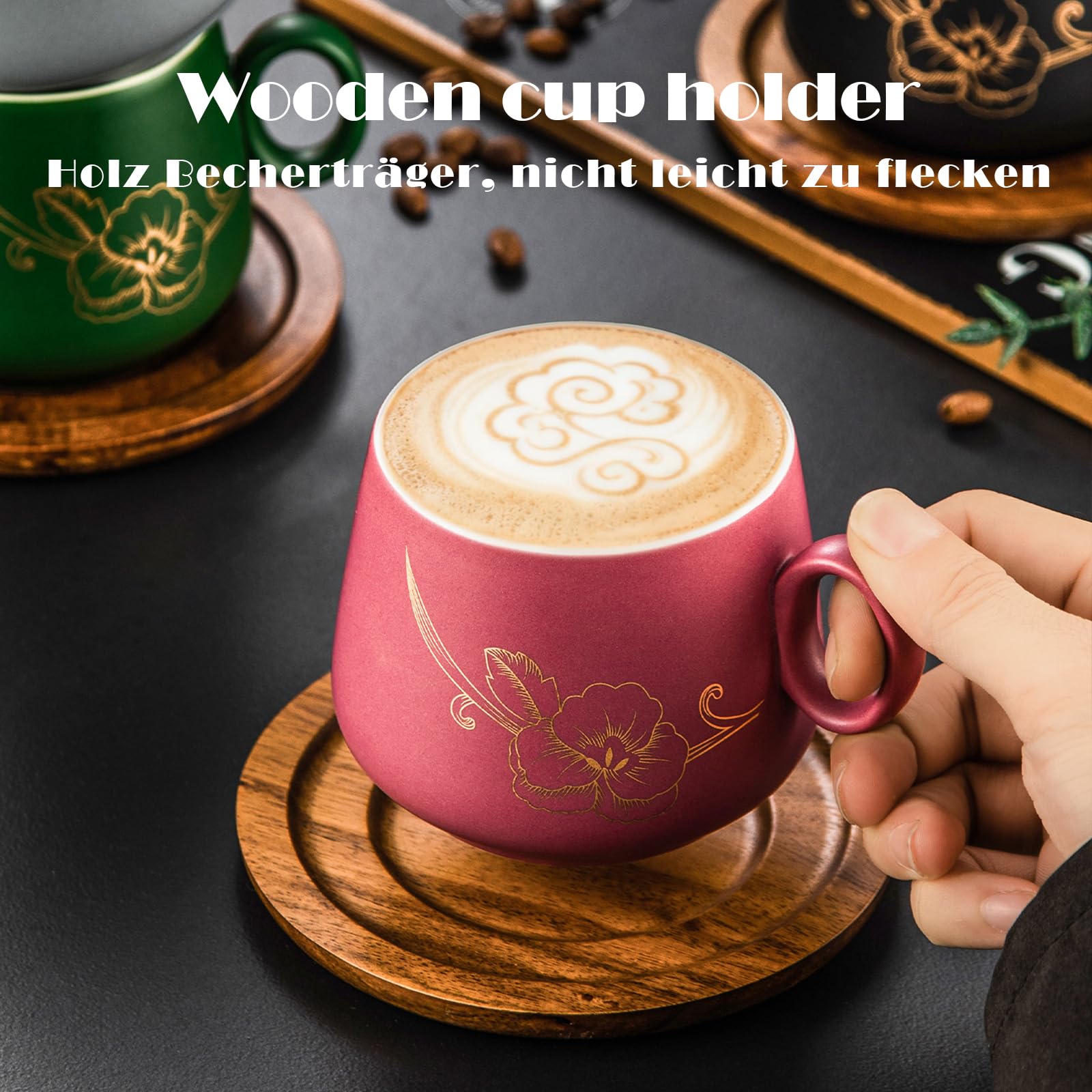Yundu Matt-Keramik Cappuccino Tassen Set 4er-Set – 300ml Cappuccino Tassen mit Holzuntersetzern & Goldblumen-Design, Kaffeetassen Set mit Untertasse für Latte Art, Espressotassen, Tee