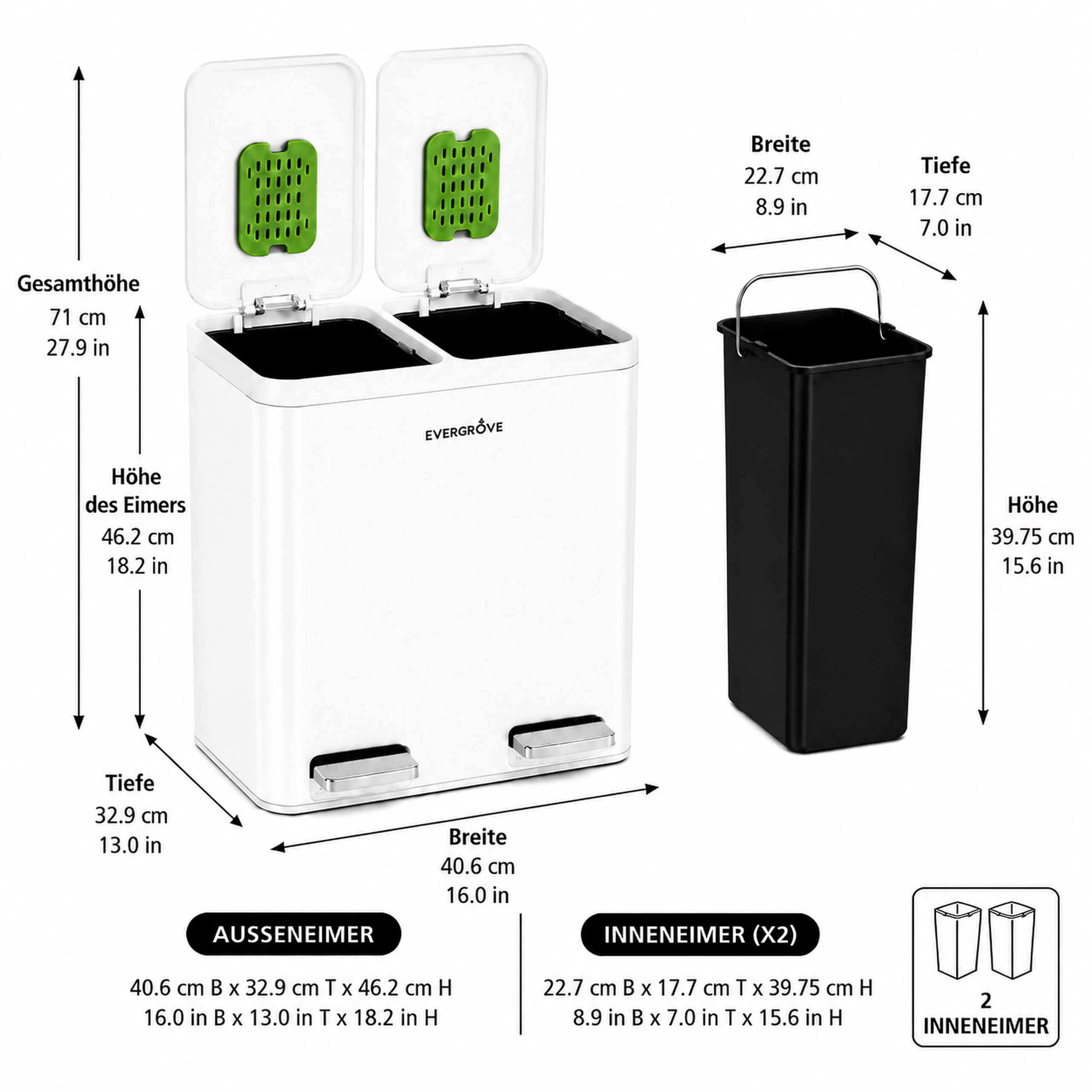 EverGrove 30-Liter-Mülltrennsystem, 2 x 15 L (Weiß) | Gehäuse, Deckel und Pedale aus Edelstahl; zwei PP-Inneneimer, sanft schließende Deckel und ein eingesetzter Geruchsfilter.
