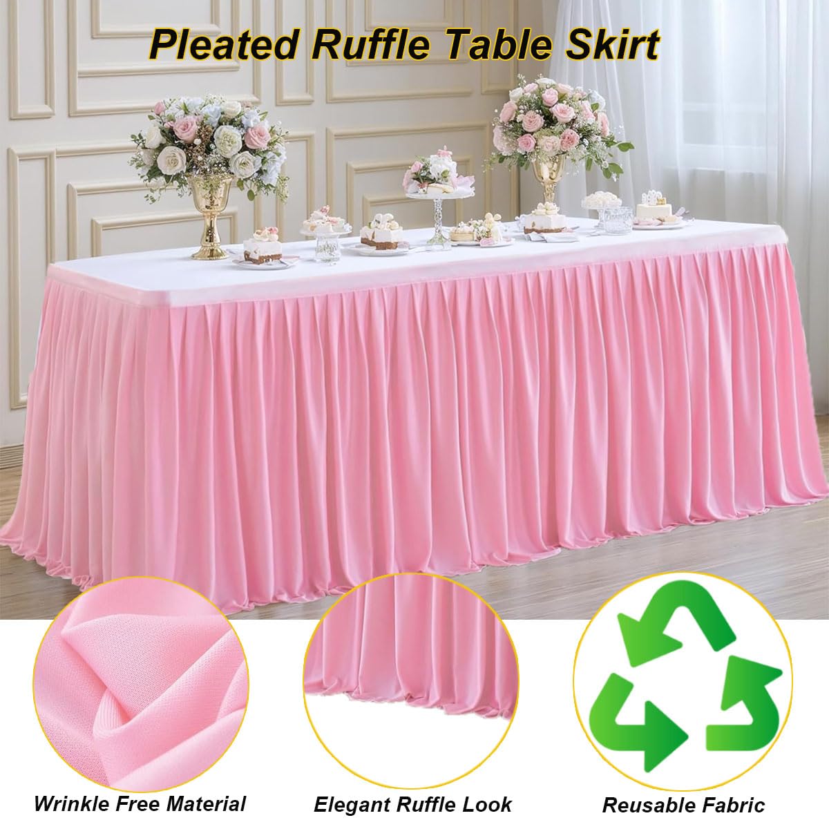 Albassa Polyester Table Skirt – 6ft Wrinkle Resistant Pleated Ruffle Tablecloth For Weddings, Banquets, Baby Showers – Beige, 72x30 Inch