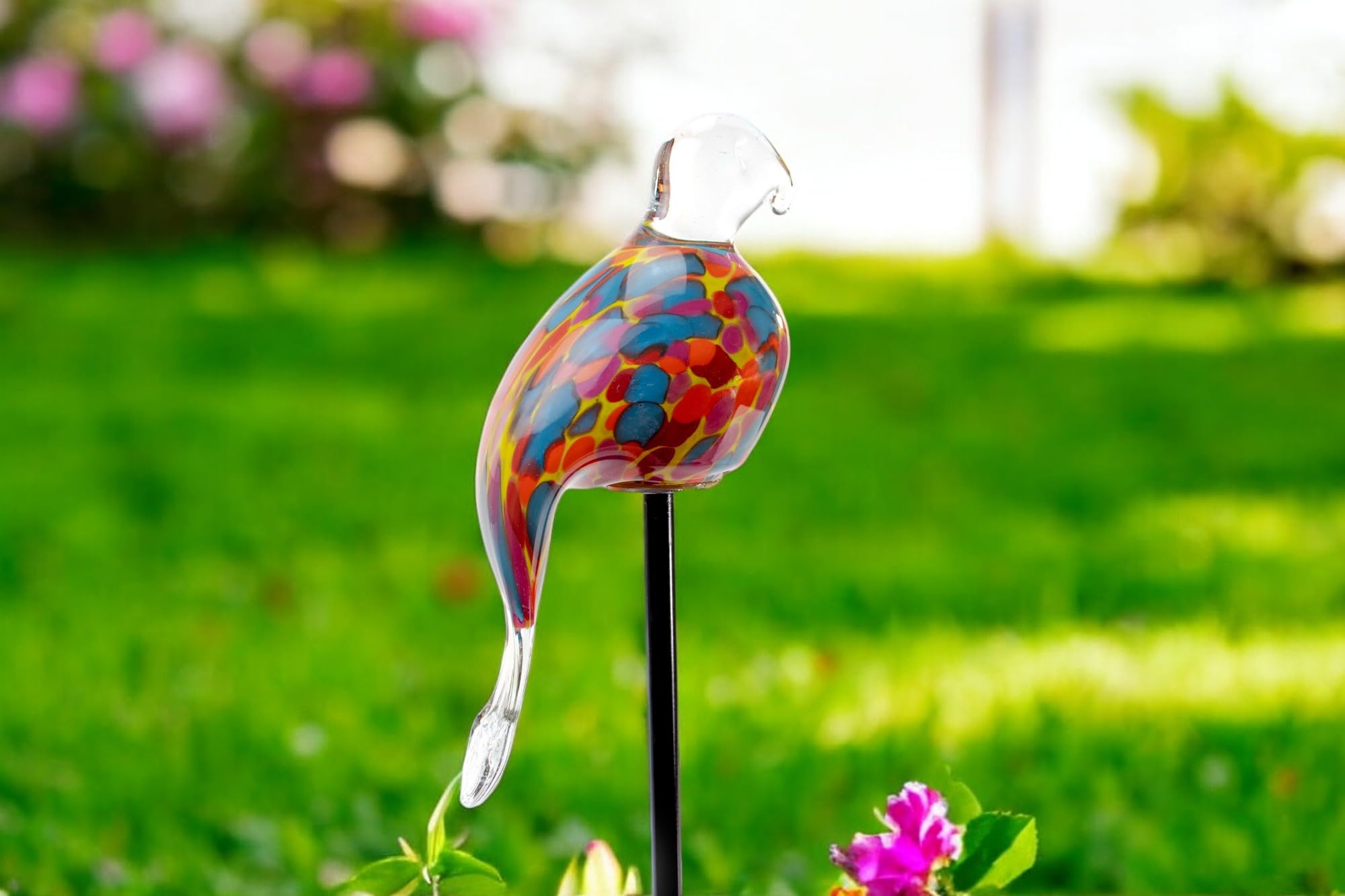 Gartenstecker mit Vogel - Rot Blau Gelb - Handgefertigtes Glas - Orange - Vogel auf Stock - Gartendekorationen - Gartenindeco für den Außenbereich - Gartendekor - Tiere für den Außenbereich