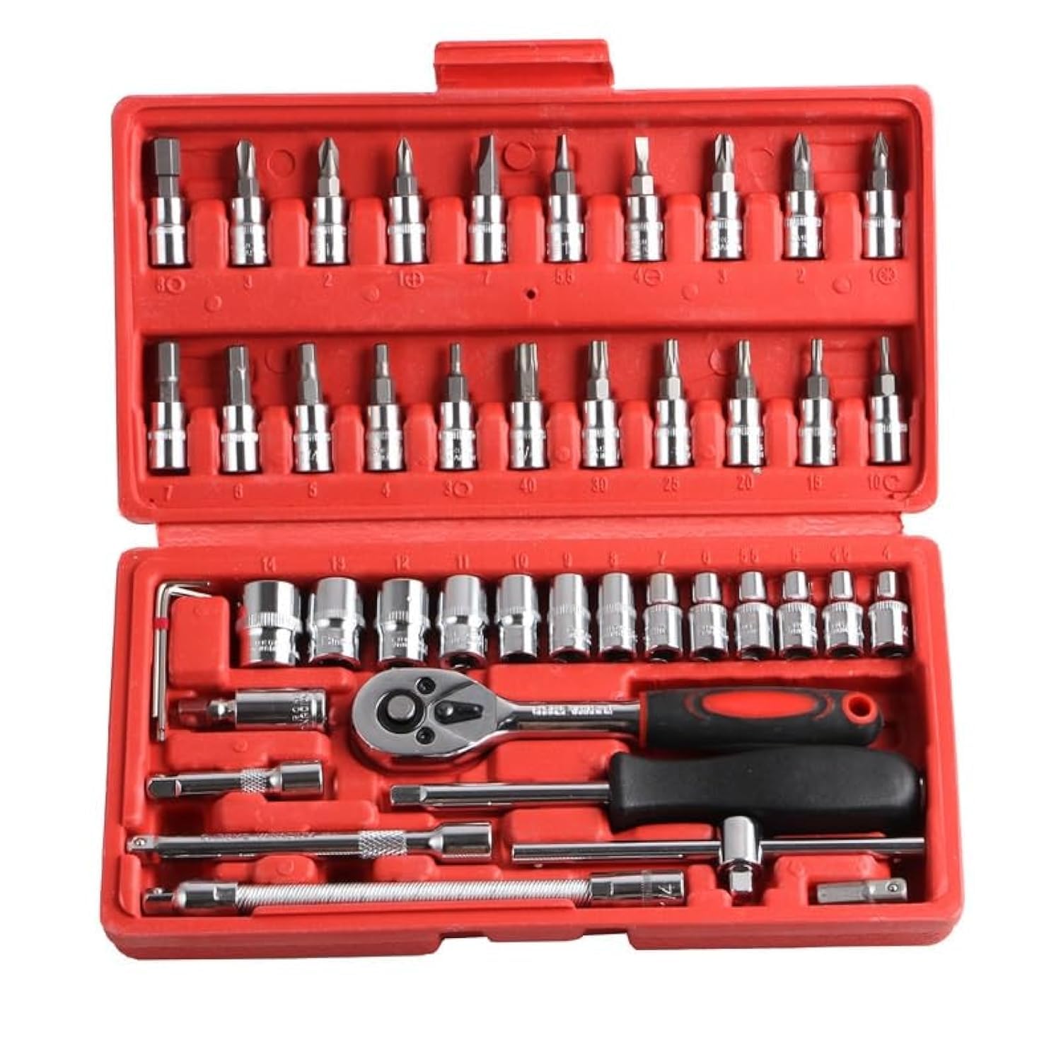 46 Piece 1/4" Drive Socket Ratchet Wrench Bit Repair Tool Kit - Ideal for Automotive Repairs, Mechanics, Chrome Vanadium Steel, Ergonomic Design, Quick-Release Ratchet Handle, Portable Case
