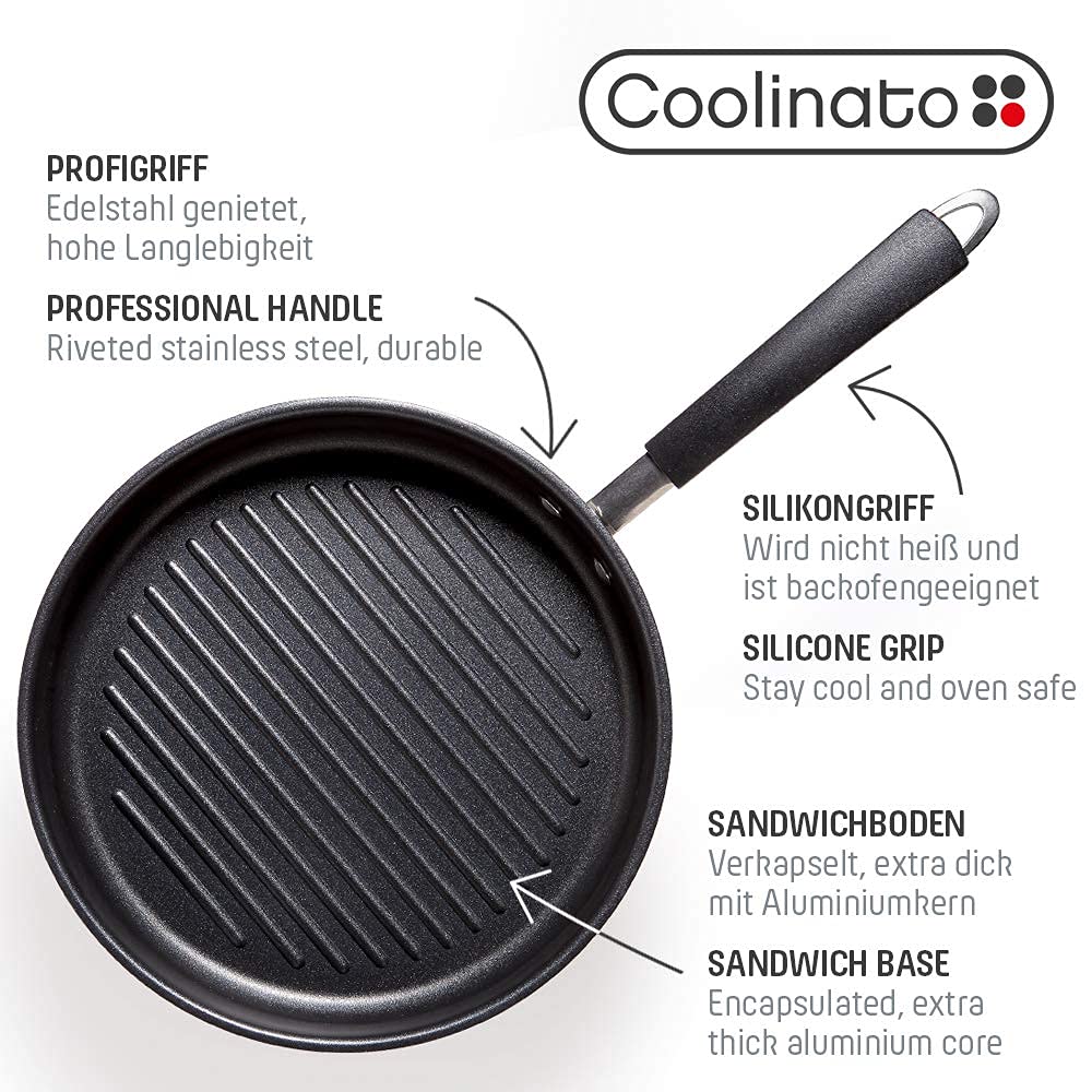 Coolinato Grillpfanne rund 26cm, Pfanne beschichtet für Induktion und andere Herde, Steakpfanne ofenfest spülmaschinengeeignet