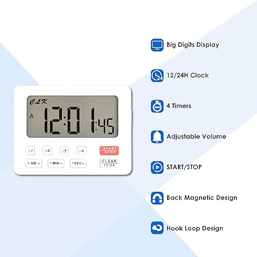 Miniatura 9 de Runleader Temporizador digital de cocina de escritorio, 4 temporizadores de cuenta regresiva y cronómetros con reloj de 1224 horas, alarma de