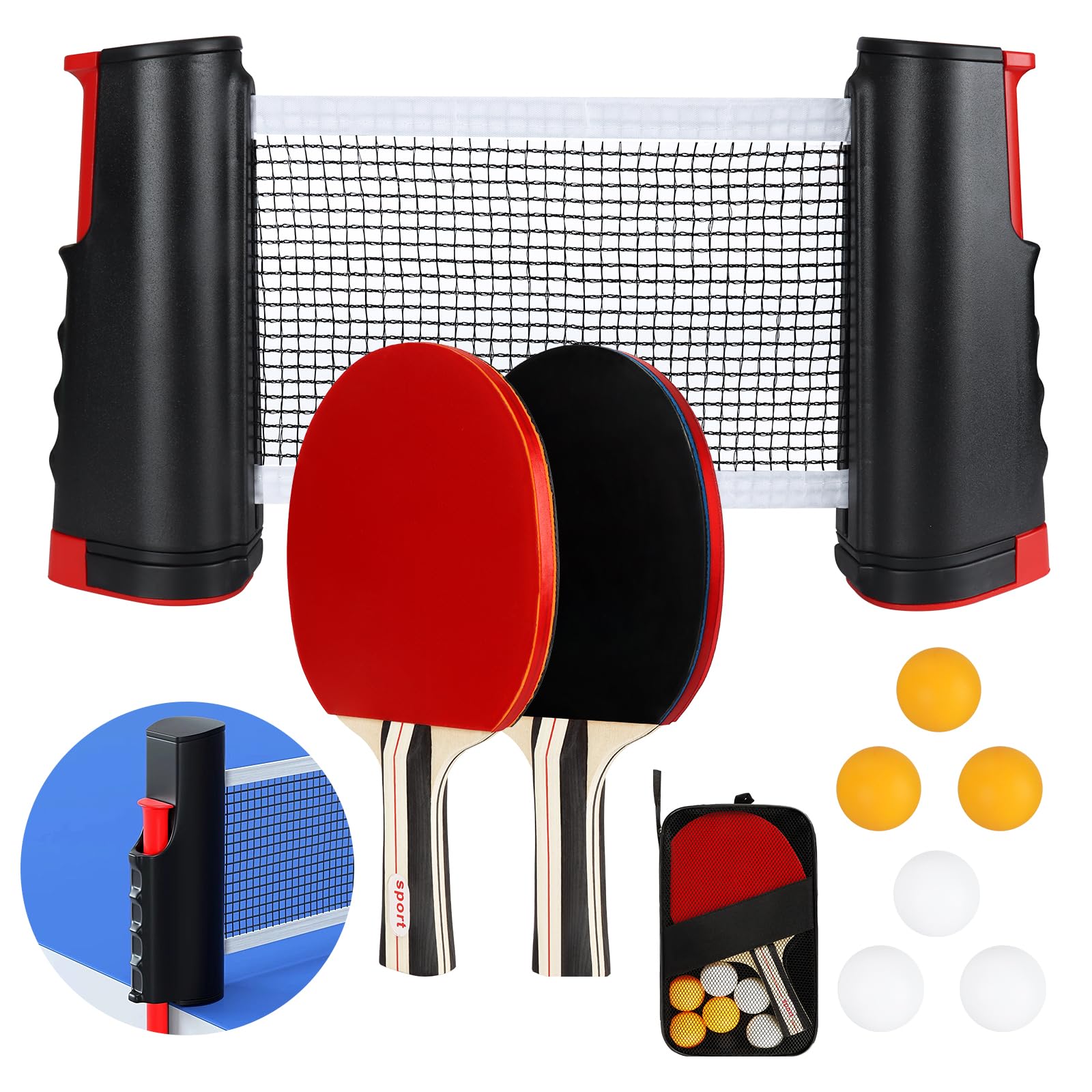 Set de Tennis de Table,2 Raquettes de Tennis de Table,6 Balles,Filet Rétractable et Sac de Transport,Ping Pong Kit pour Débutants et Joueurs Confirmés,Idéal pour Jeux Intérieurs et Extérieurs