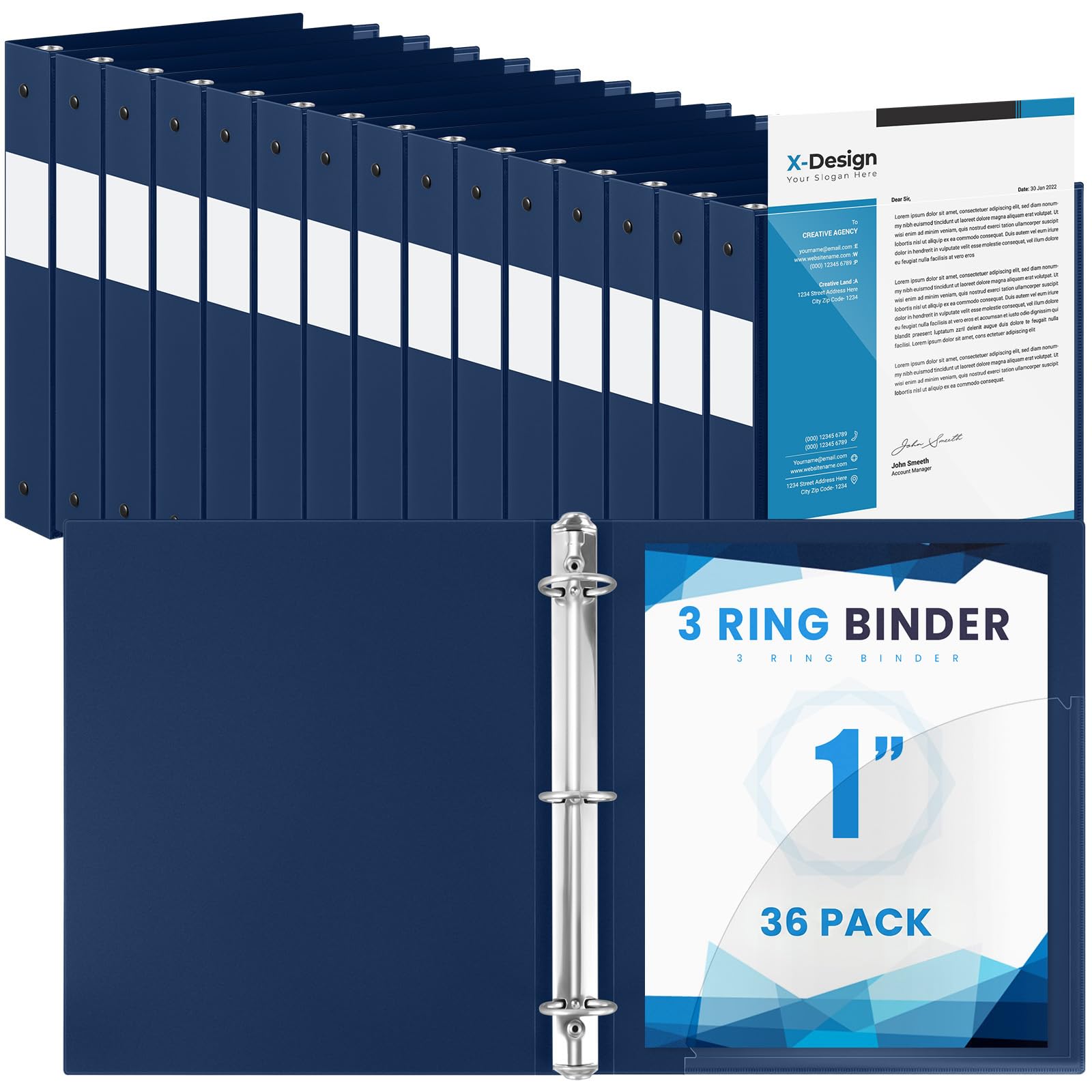 Henoyso 36 Pack 1 Inch 3 Ring Binder with Clear Cover Fit Letter Size 8.5" x 11" Paper Holds 240 Sheets, Bulk Binders for Organizing School, Office & Classroom Documents, 1 Pocket (Navy Blue)