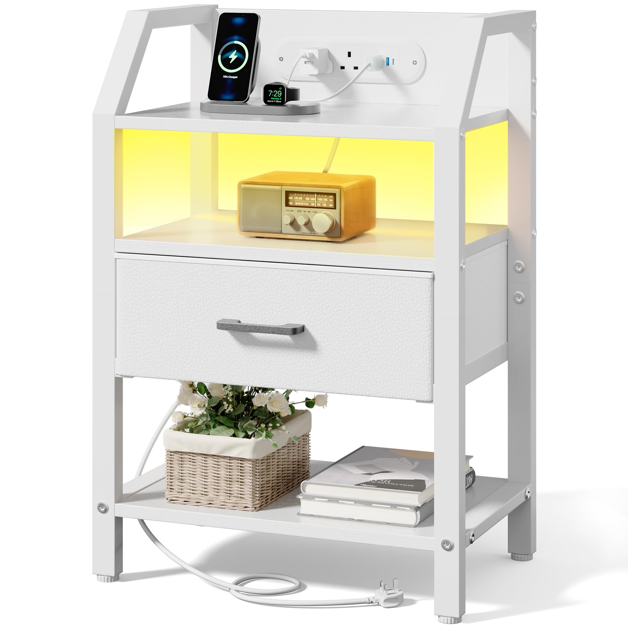 DLONGONE LED Bedside Table with Charging Station, Bedside Cabinet with Fabric Storage Drawer and Open Storage Shelves, Nightstand with 2 AC Outlets, 2 USB & 1 Type-C for Living Room, Bedroom, White