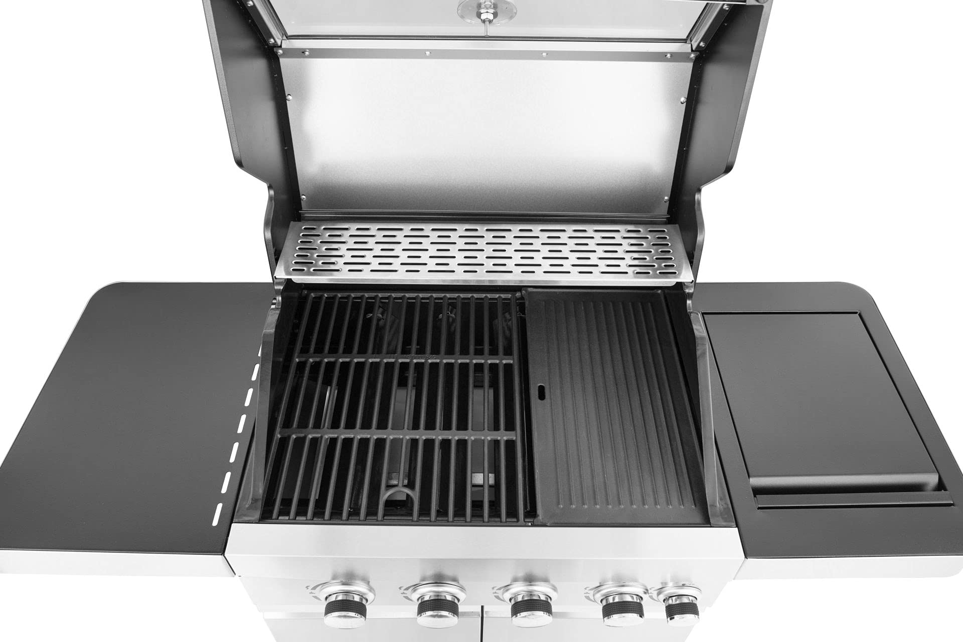 Grill gazowy ze stali nierdzewnej "Sunset Beach" 4 + 1 palnik, ruszt do grillowania i żeliwna płyta grillowa, półka boczna do składania