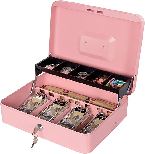 Miniatura 9 de Geohiaul - Caja grande con cerradura y bandeja para dinero, color negro y rosa