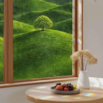 Green Tree Rolling Hills Window Privacy Film, Stained Glass Static Cling, Nature Grass Landscape Sun Blocking Rainbow Decorative Windows Tint for Home Office Decor, 17.7"x39.3"