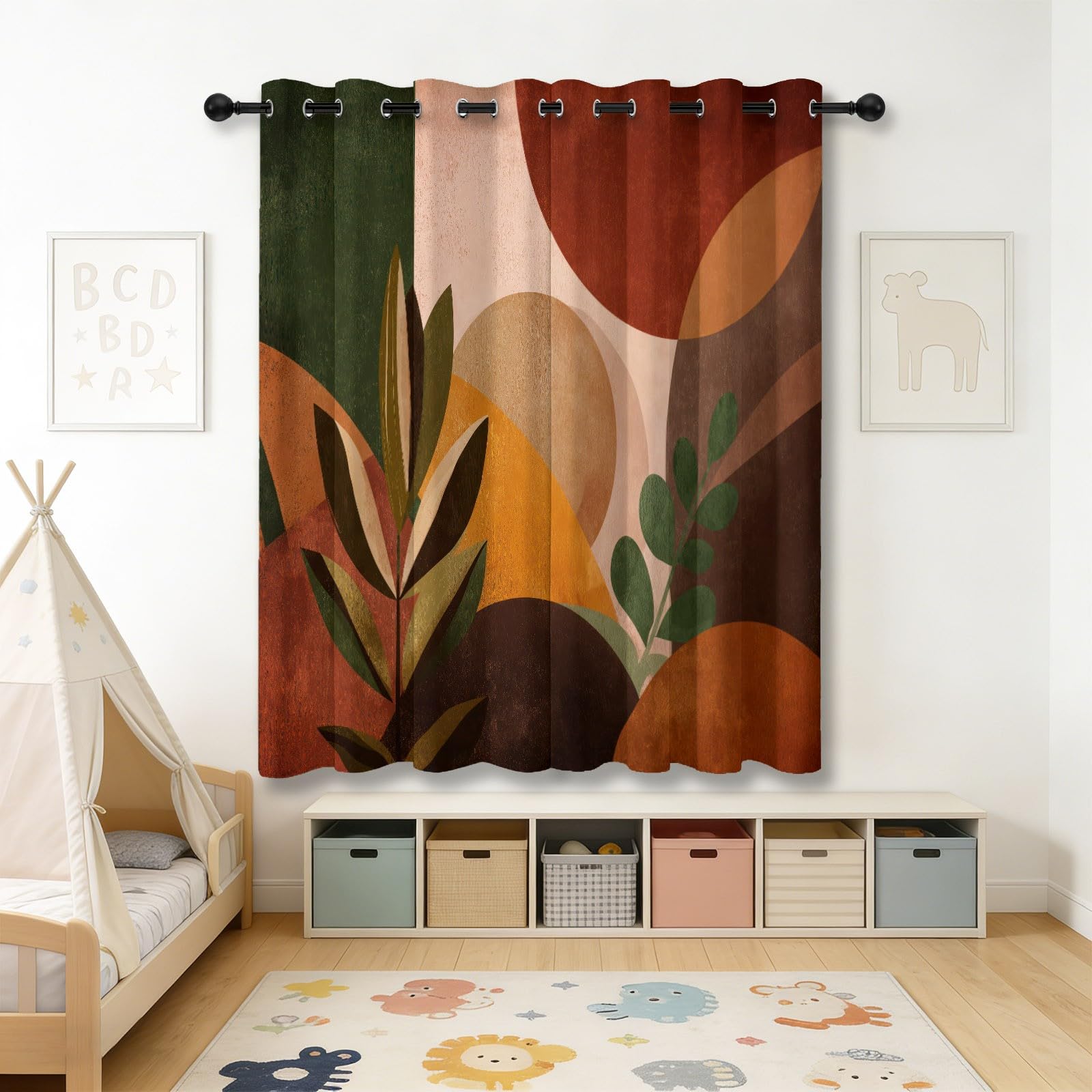 Termiczne zasłony zaciemniające do wnętrz z oczkami, zielony brązowy retro nadruk geometryczny liść rośliny do sypialni i salonu, 140 x 175 cm (2 panele)