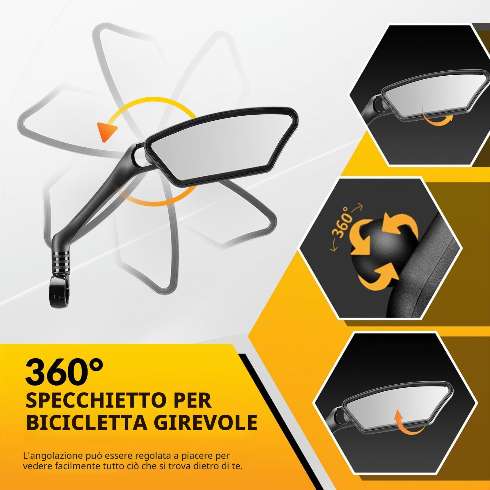 ROCKBROS Specchietto Retrovisore Bici, Specchietto per Bicicletta, Specchietti 360 °Regolabile, Specchio Ciclismo per Manubrio 21-26mm, Adatto per Bicicletta, MTB, Bici da Corsa