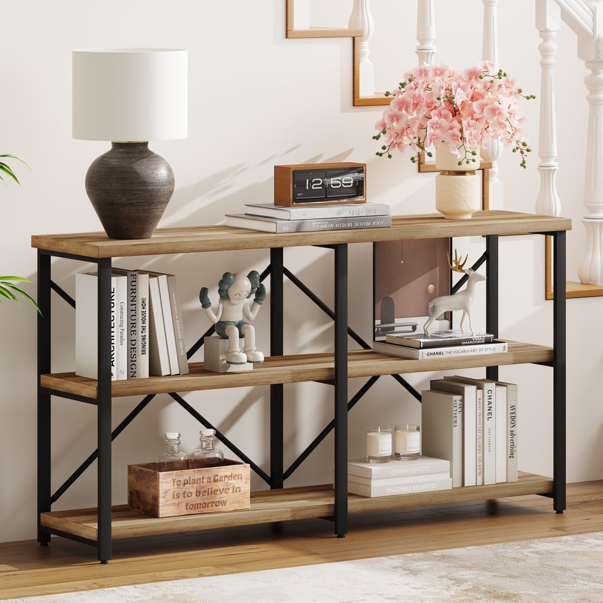 BON AUGURE Console Tables for Entryway, Industrial Sofa Table Behind Couch, 3 Tier Hallway Table for Foyer, Horizontal Bookshelf for Living Room (55 Inch, Vintage Oak) Vintage Oak 55"