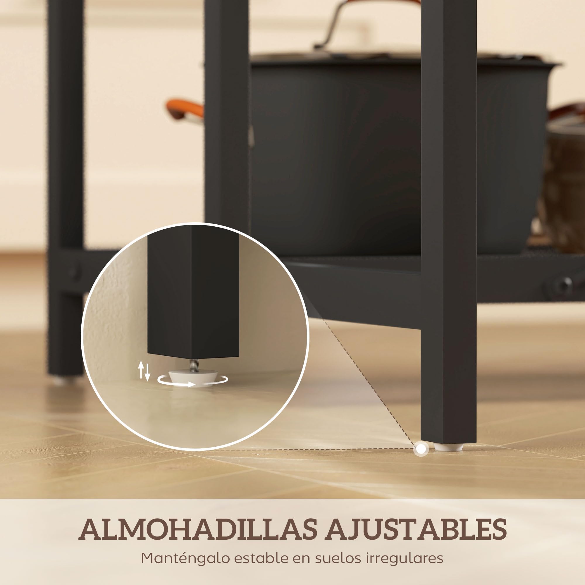 HOMCOM Estantería de Cocina Industrial con Toma de Corriente y Ganchos | Mueble Auxiliar para Salón, Estantes, Comedor, 116x70x182 cm, Marrón Rústico