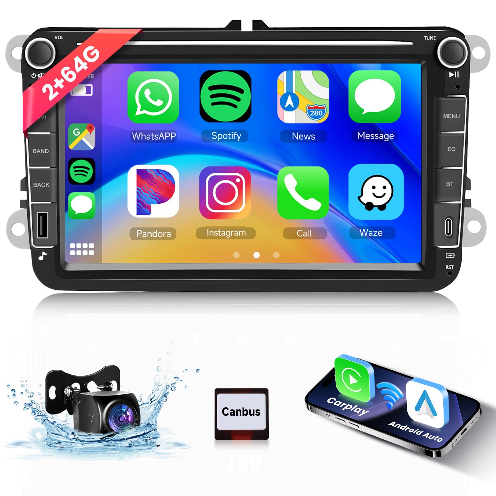 【2+64G】 Carplay Autoradio pour VW Passat Golf Seat Altea Skoda Octavia avec USB/Type-C,Android Poste Radio Voiture,8 Pouce Touchsreen avec Android Auto/WiFi/GPS/RDS/FM/Bluetooth/USB+Camera de Recul