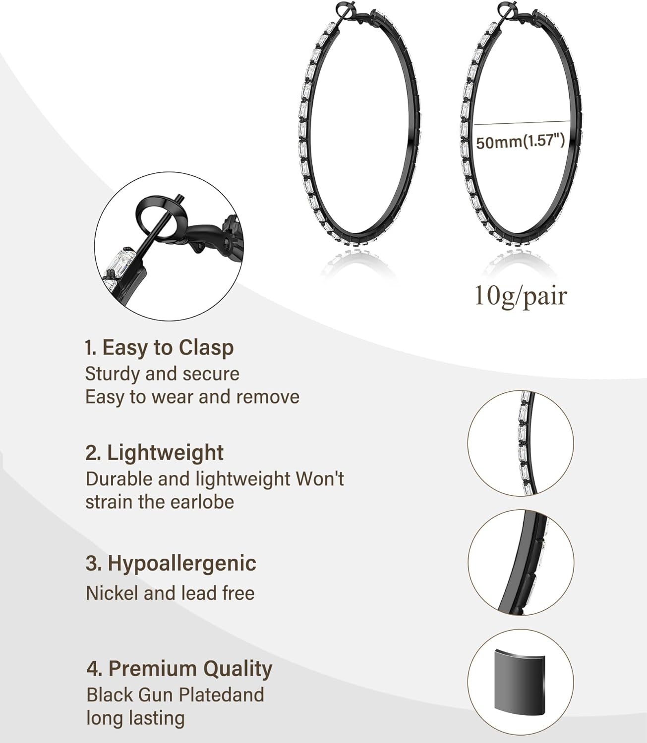 Black Earrings for Women Large Rhinestone Hoop Earrings 14K Gold Silver Plated Big CZ Hoop Earrings Hypoallergenic Jewelry With Crystals For women 40/50/60 mm - Image 6