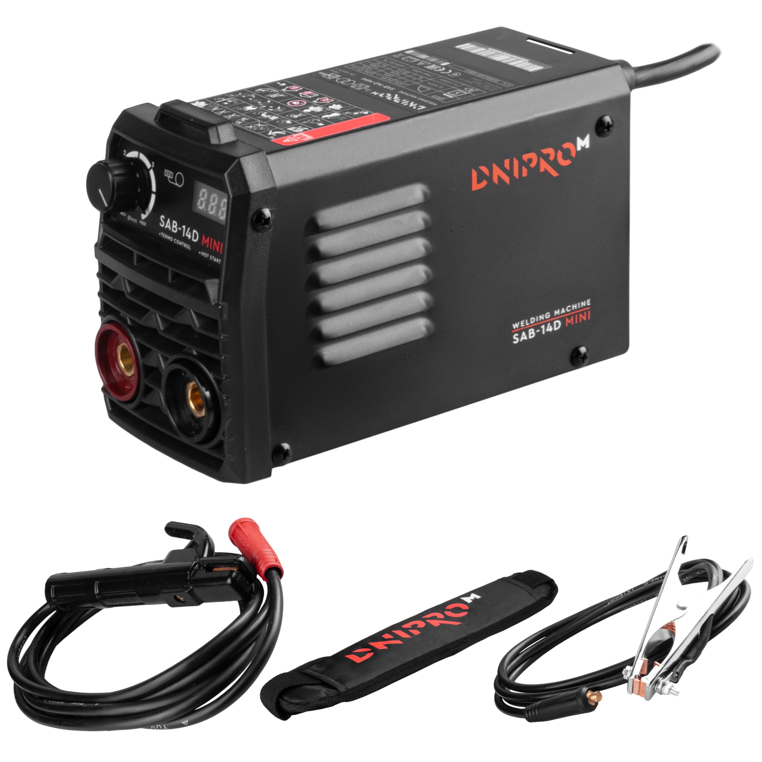 IGBT 140A MMA Inverter Welder, Hot Start, Digital Display, 100% Duty Cycle at Rated Current, Electrodes 1.6-4 mm, 2.2 kg, Stainless Steel and Cast Iron, SAB-14D MINI