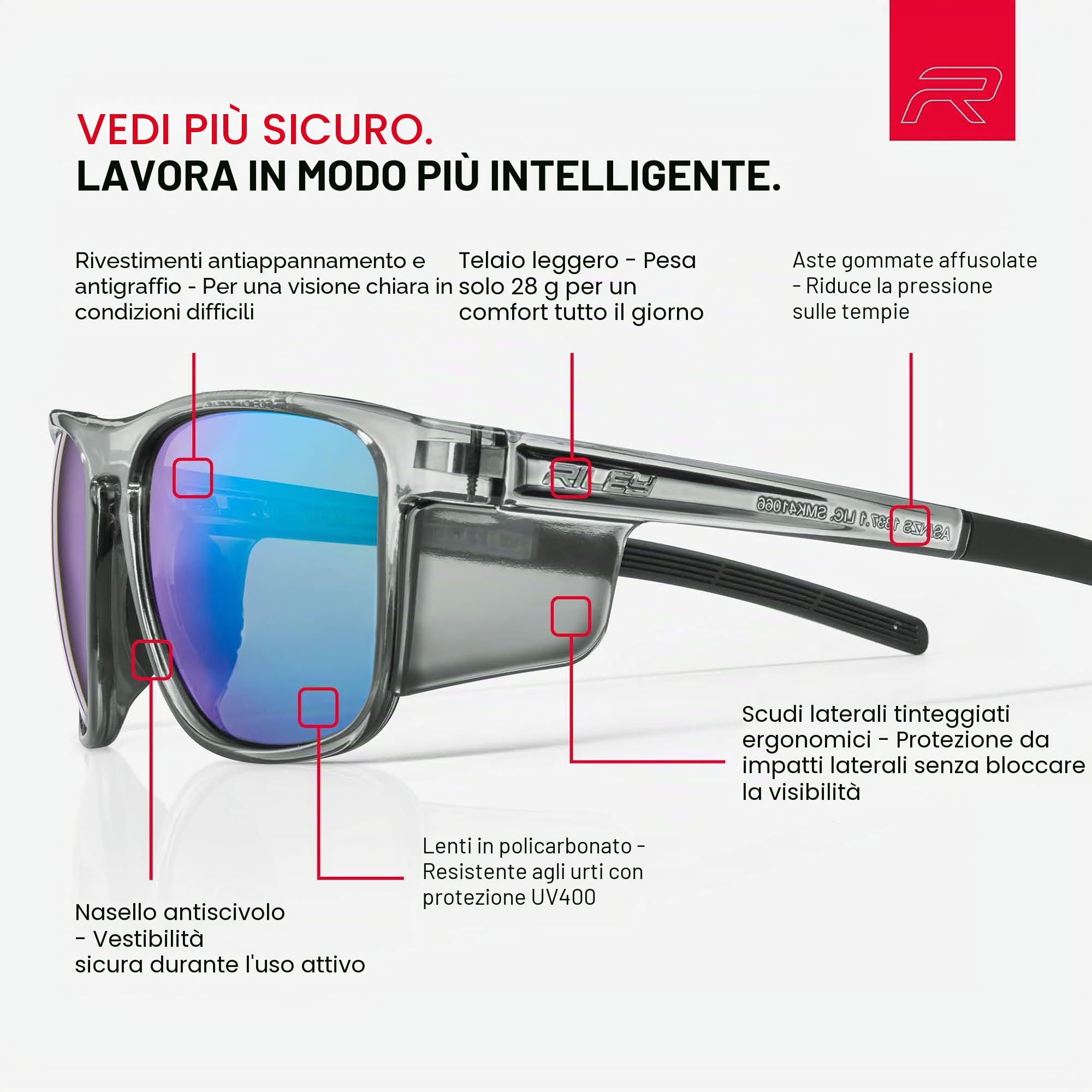 Riley Navigator X - Occhiali di sicurezza per lavoro, anti-appannamento e resistenti ai graffi, occhiali protettivi da lavoro, sport e ciclismo, occhiali da sole di sicurezza UV400, adatti per uomini