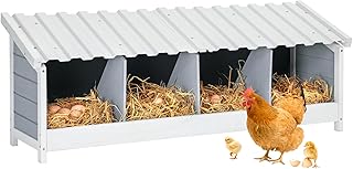PETSFIT 4 Holes Chicken Nesting Box-All Weather PVC Roof, Natural Wood Design with Privacy Back Panel for Hens-Wall Mounted or Floor Use in Coops, Farms, Backyards,Easy to Assemble