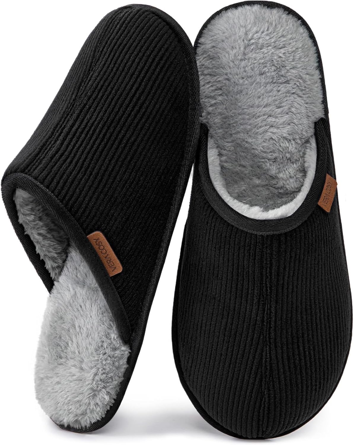 VeraCosy Men’s Comfy Corduroy Memory Foam Scuff Slippers Soft Faux Fur Lined House Shoes with Anti-Skid Lightweight Sole