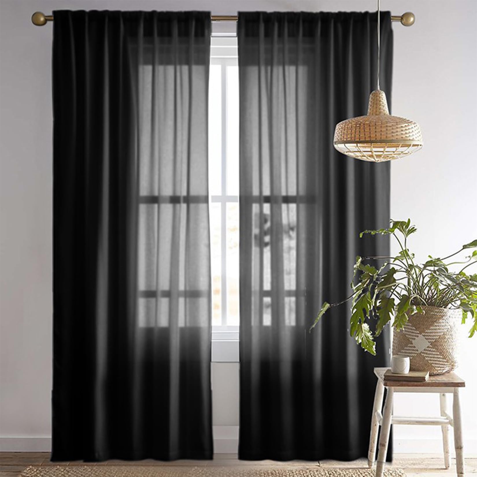 Rideaux salon moderne HOCEDO noir 150x150cm | Voilage semi-transparent