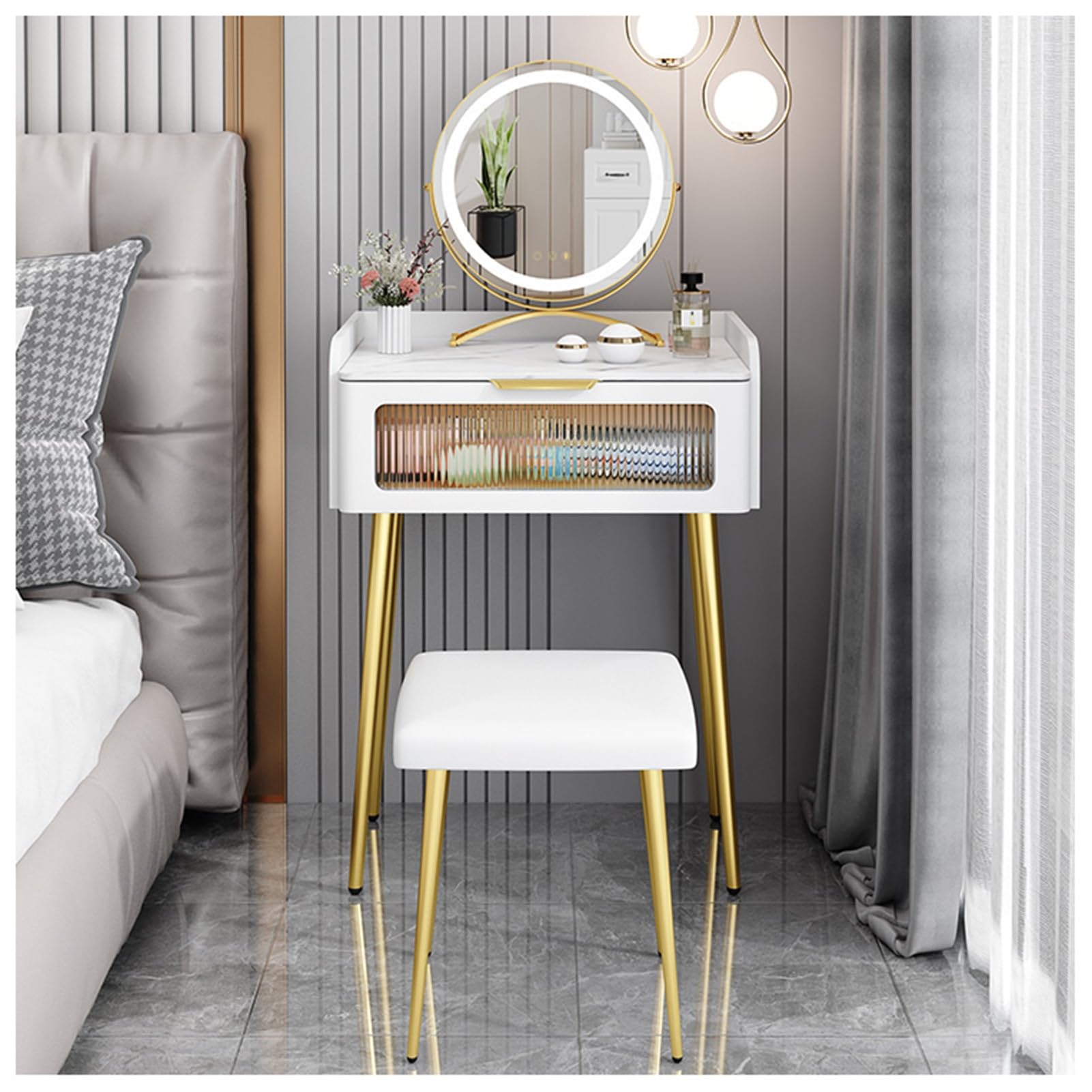 asdchZen 50/60Cm Blue Dressing Table Set With Touch Screen Mirror, 3 Lighting Modes, Drawer & Cushioned Stool-Stylish Vanity Desk For Bedroom, Perfect Makeup Station,White-50x40x78cm