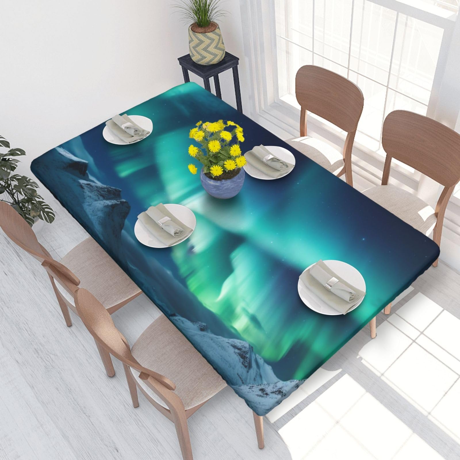 DCARSETCV beautiful northern lights Printed 4FT Waterproof Tablecloth with Elastic Edged Protect & Decor Your Table, Oil-proof Washable Table Cloth Cover for Dinner Picnic Party